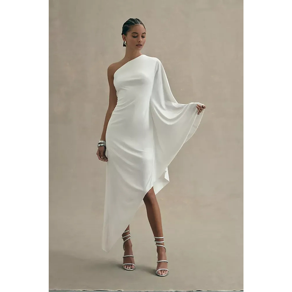 $398 Mac Duggal 11247 Ivory One Shoulder Asymmetric Jersey Dress 2 NEW